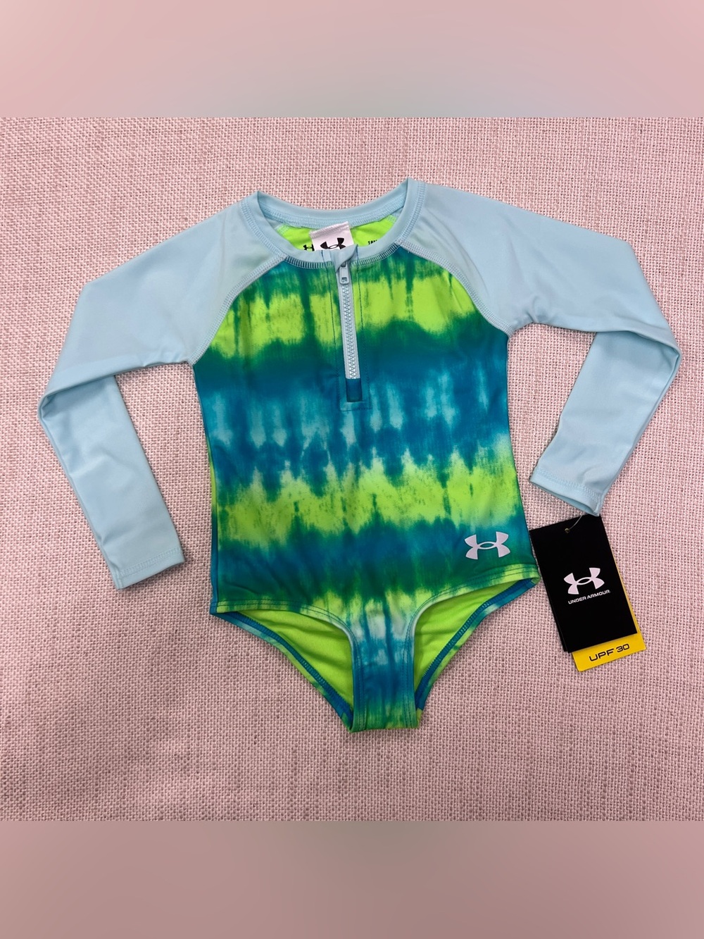 Under Armour Girls' Long Sleeve Tie-Dye One-Piece Swimsuit in Blue and Green